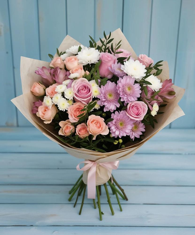 Букет цветов из: Хризантемы, Розы и Альстромерии в Пышлицы