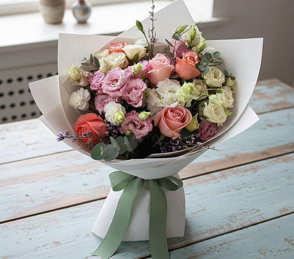 Букет цветов из: Розы, Лизиантусы и Гвоздики в Пышлицы