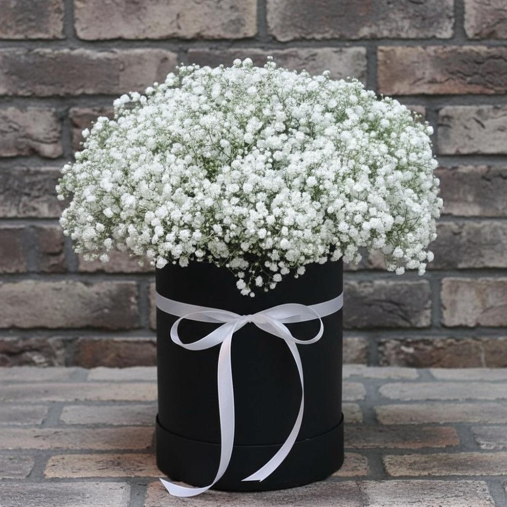 Цветочная композиция из Гипсофила в шляпной коробке в Пышлицы