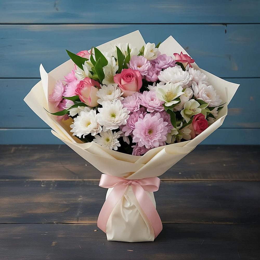 Букет цветов из: Хризантемы, Альстромерии и Розы в Пышлицы